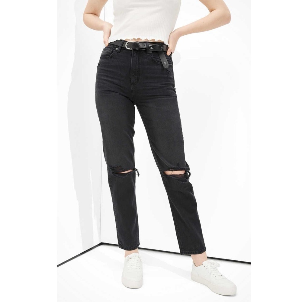 American Eagle AE Ripped Mom Straight Jean Comfort Stretch Waistband Faded Black